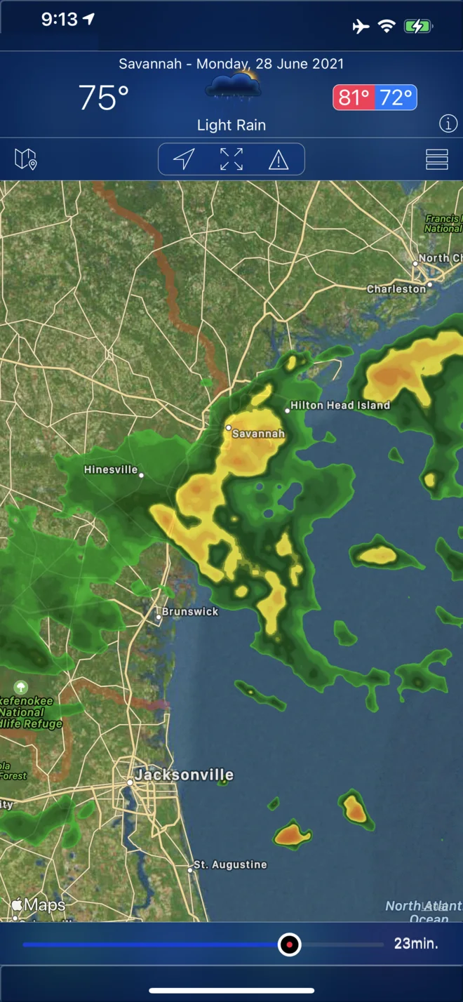Doppler Radar over a satellite map of the Georgia and Florida coast