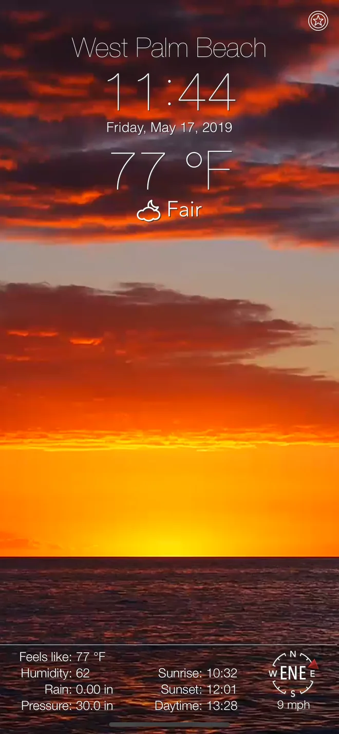 14 Day Weather showing 77 degrees and fair skies at sunset in West Palm Beach