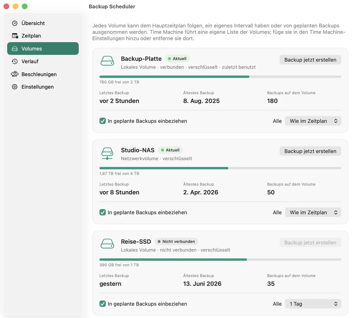 Die Seite „Volumes“ mit drei Backup-Volumes