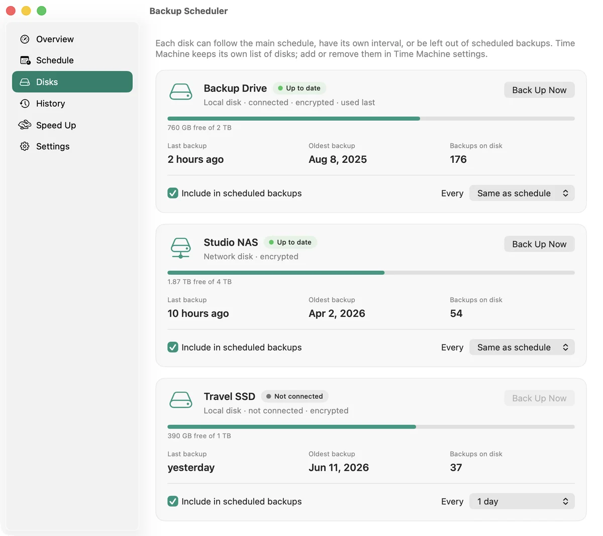 The Disks page with three backup disks
