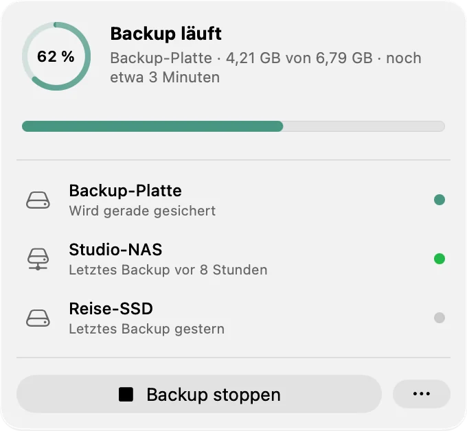 Das Menü in der Menüleiste mit einem Backup bei 62 Prozent