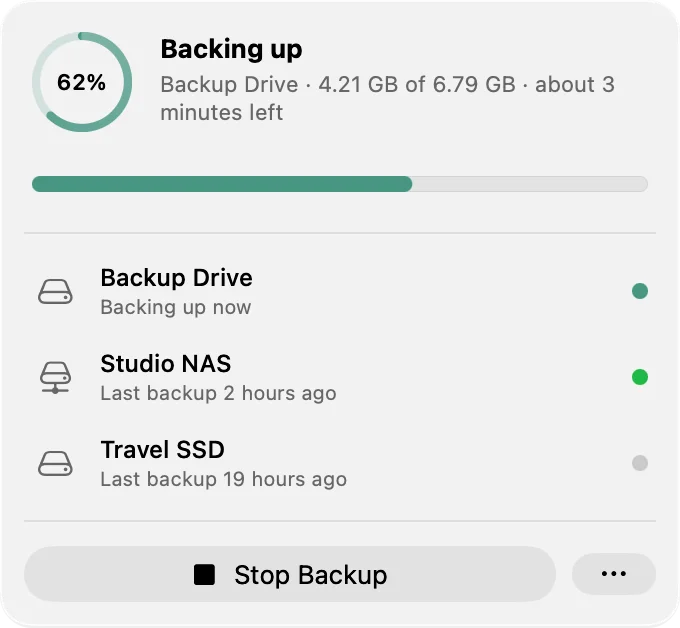 The menu bar menu showing a backup at 62 percent