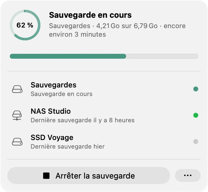 Le menu de la barre des menus affichant une sauvegarde à 62 pour cent