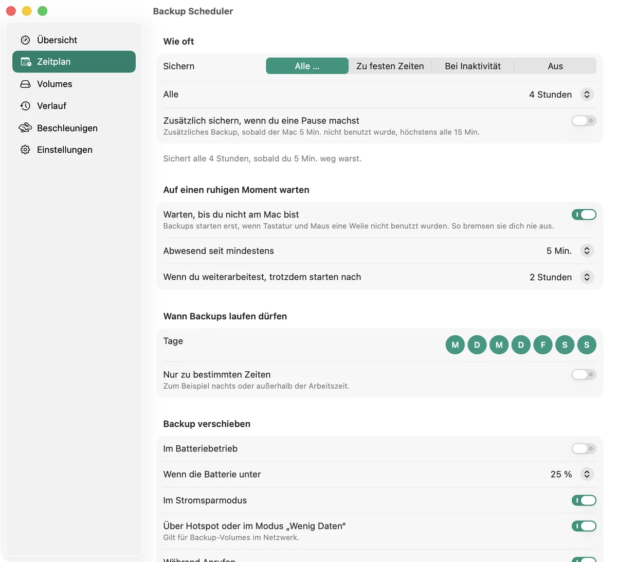 Die Seite „Zeitplan“ mit Intervallen, ruhigen Momenten, Tagen und Uhrzeiten