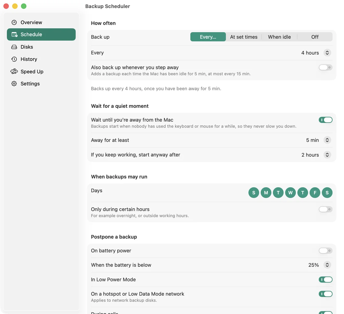 The Schedule page with intervals, quiet moments, days and hours