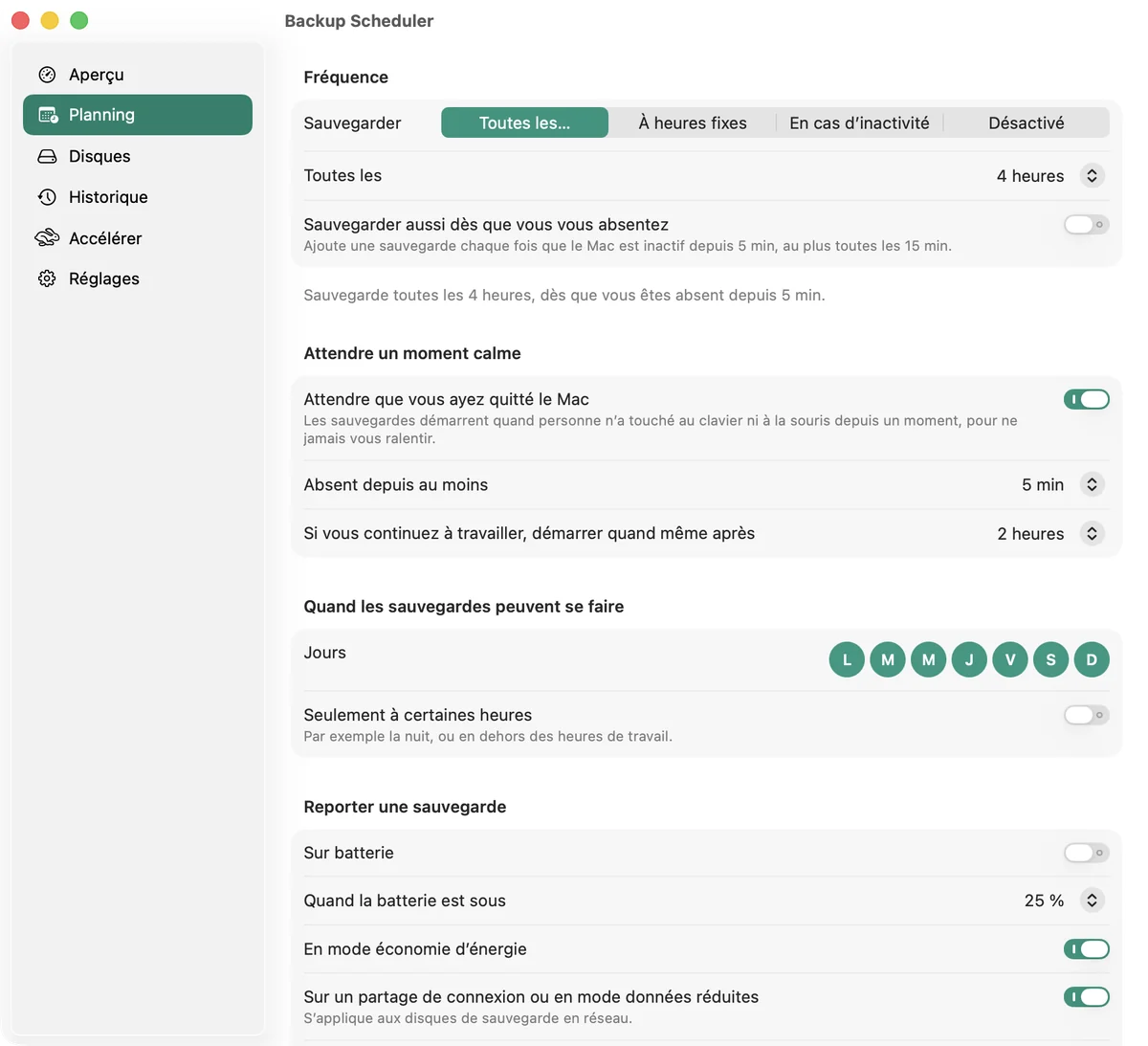 La page Planning avec les intervalles, les moments calmes, les jours et les heures