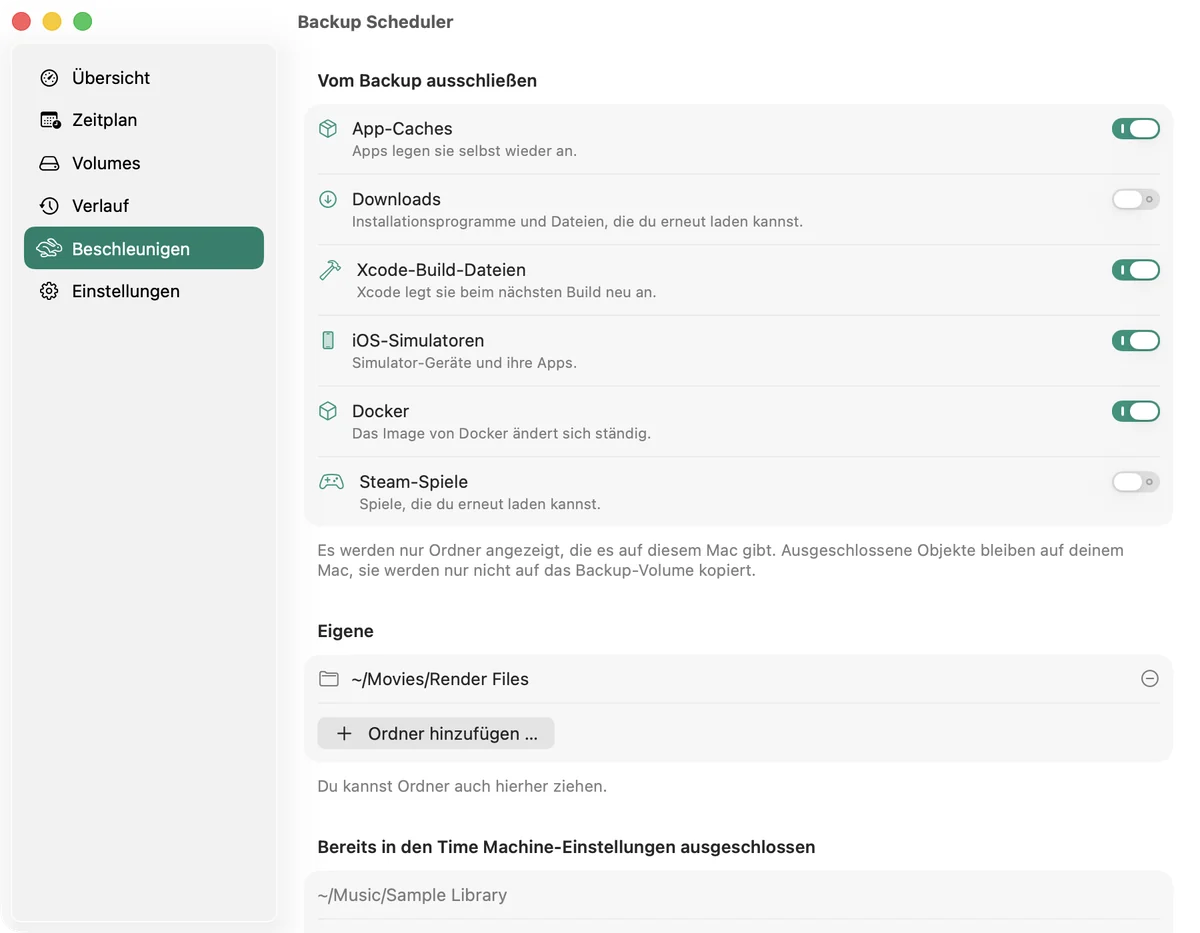Die Seite „Beschleunigen“ mit Ordnern zum Ausschließen