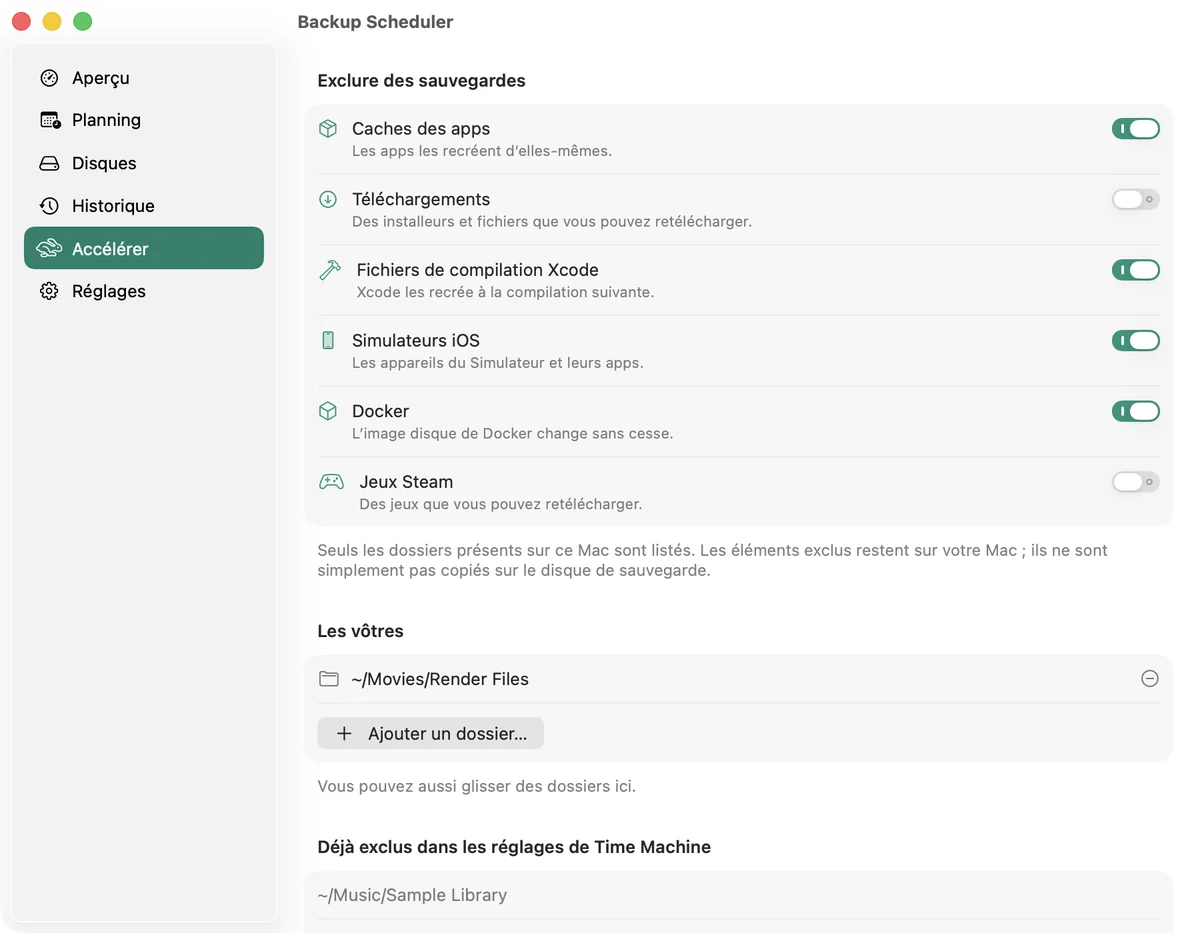 La page Accélérer avec les dossiers à exclure