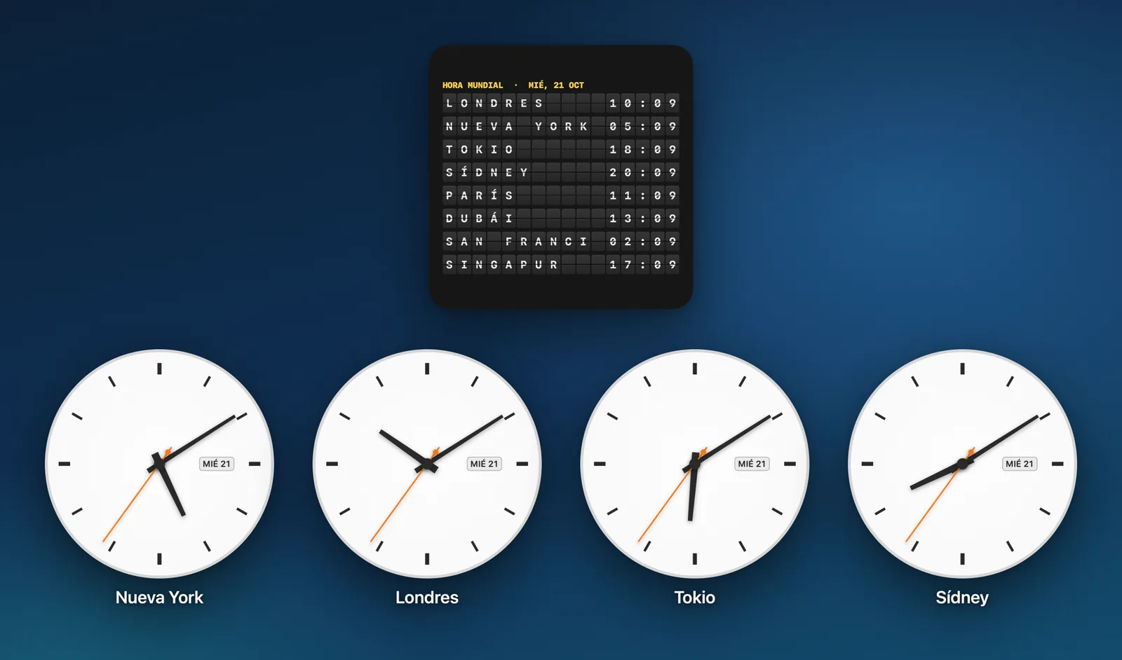 Un panel de salidas de tarjetas sobre relojes de Nueva York, Londres, Tokio y Sídney