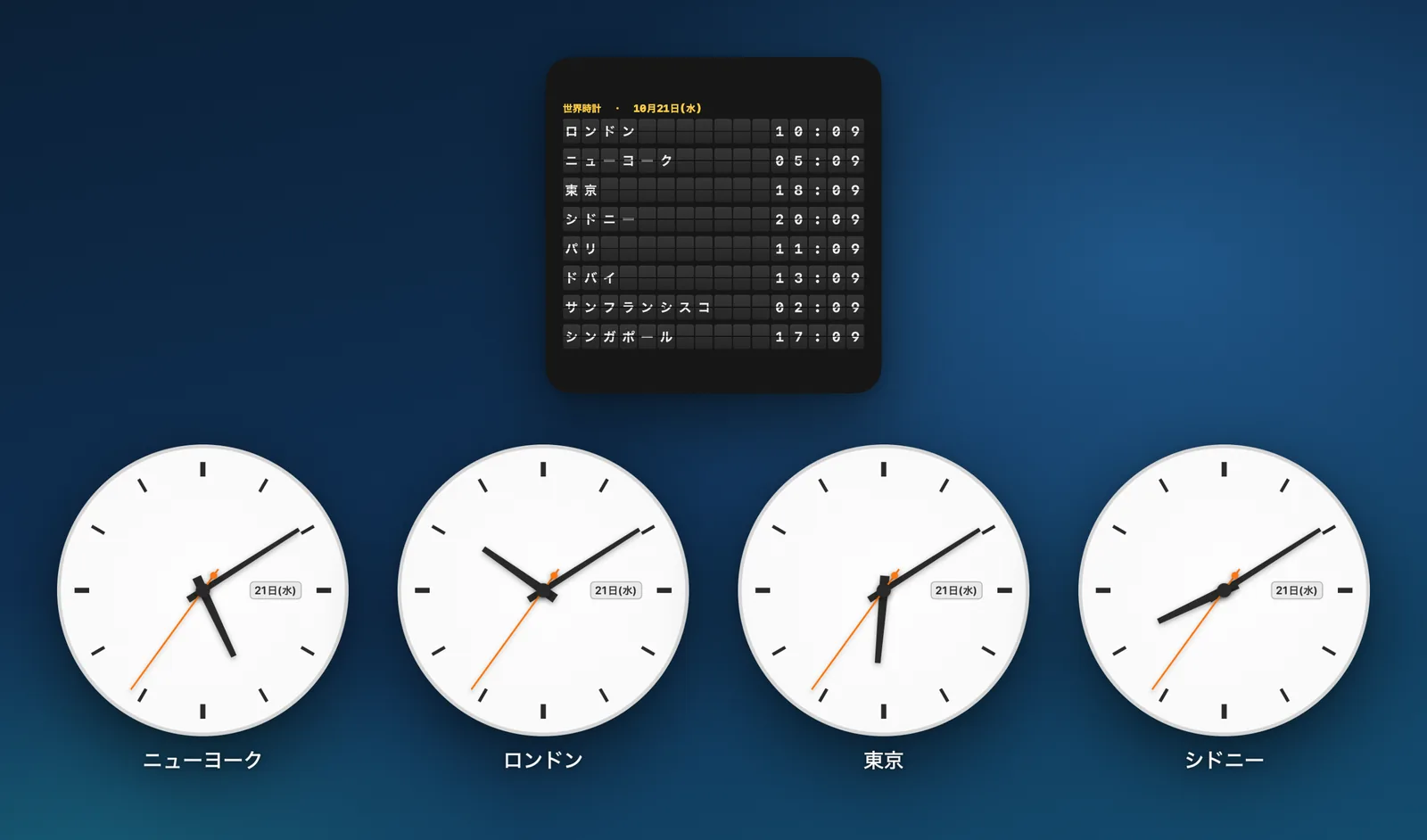 ニューヨーク、ロンドン、東京、シドニーの時計と、その上のフリップ式の出発案内板