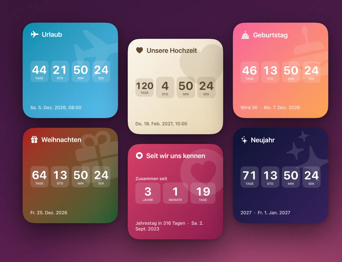 Countdowns bis zum Urlaub, zur Hochzeit, zum Geburtstag, bis Weihnachten und Neujahr