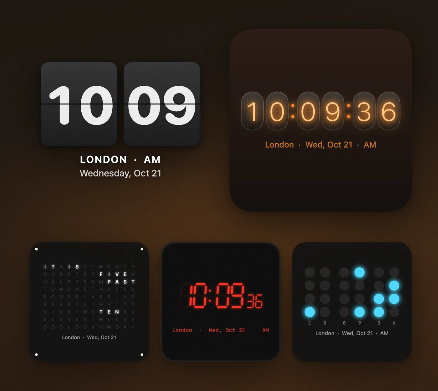 Flip, Nixie, word clock, LED and binary clock designs