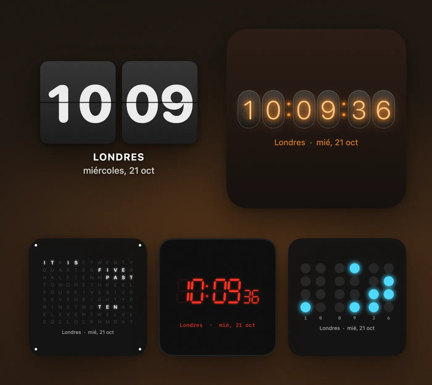 Relojes Flip, Nixie, de palabras, LED y binario