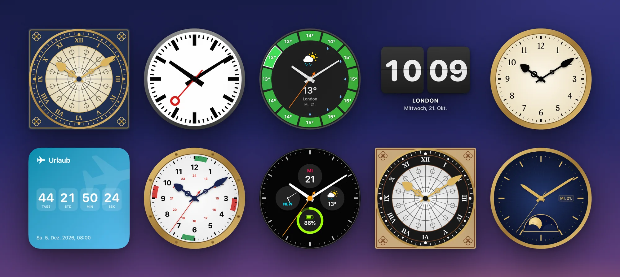 Zehn Uhren-Designs, von berühmten Zifferblättern und einer Klappuhr bis zum Urlaubs-Countdown