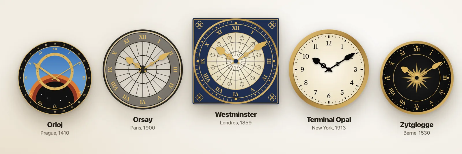 Les horloges Orloj, Orsay, Westminster, Terminal Opal et Zytglogge