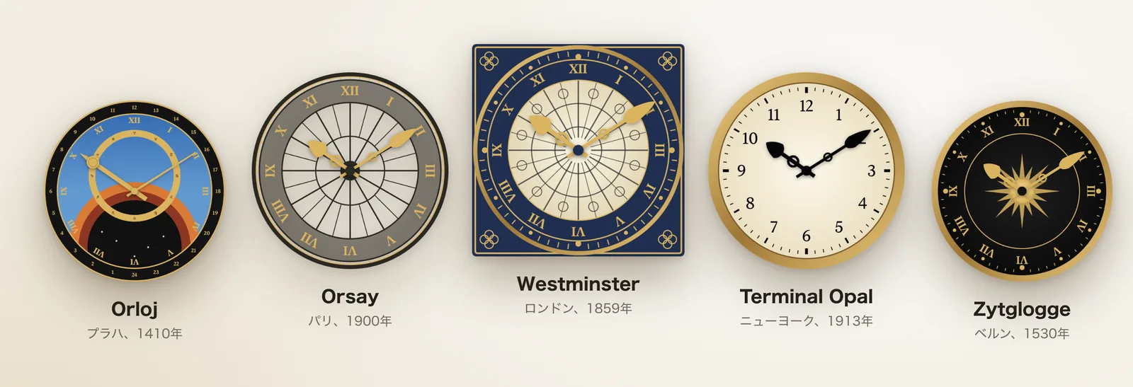 Orloj、Orsay、Westminster、Terminal Opal、Zytglogge の時計デザイン