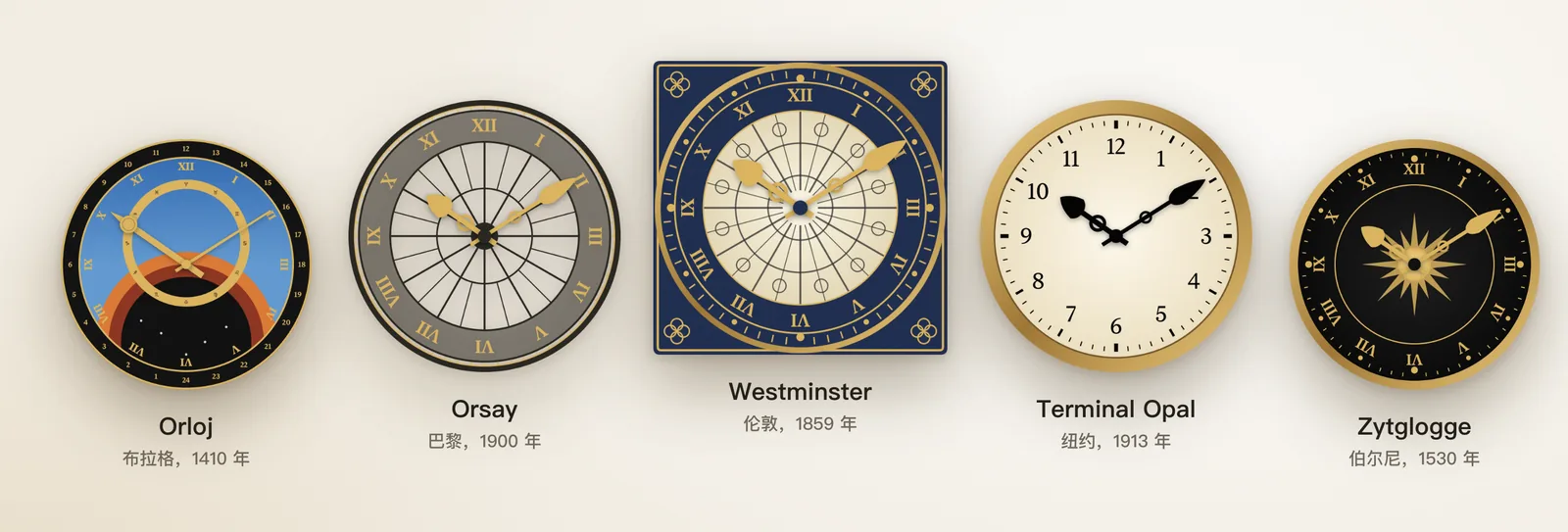 Orloj、Orsay、Westminster、Terminal Opal 和 Zytglogge 时钟设计
