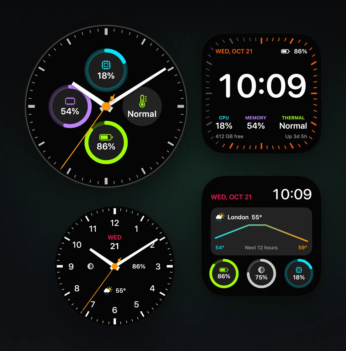 Watch faces showing CPU, memory, battery, thermal state and the weather