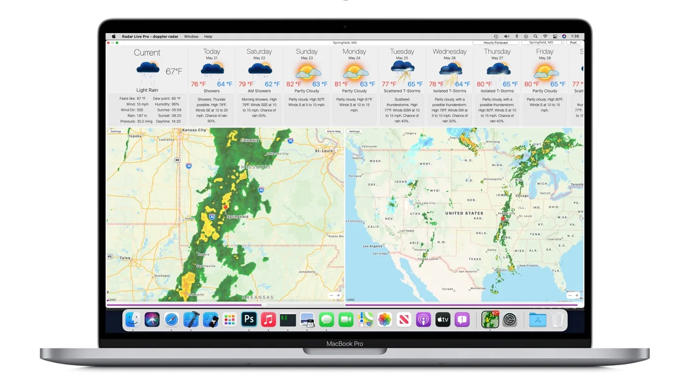 Radar Live Pro showing a radar map on a Mac desktop