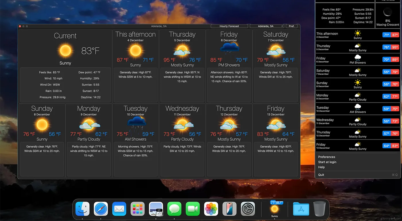 Weather Dock forecast window over a sunset desktop
