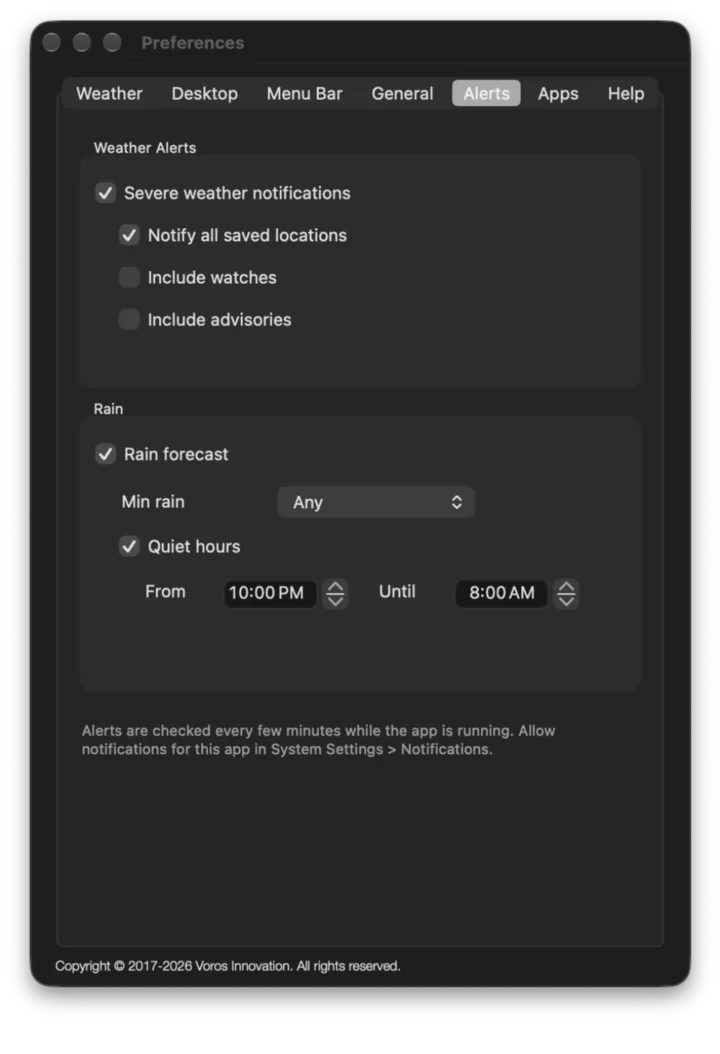 The Alerts settings with severe weather notifications, rain forecast and quiet hours