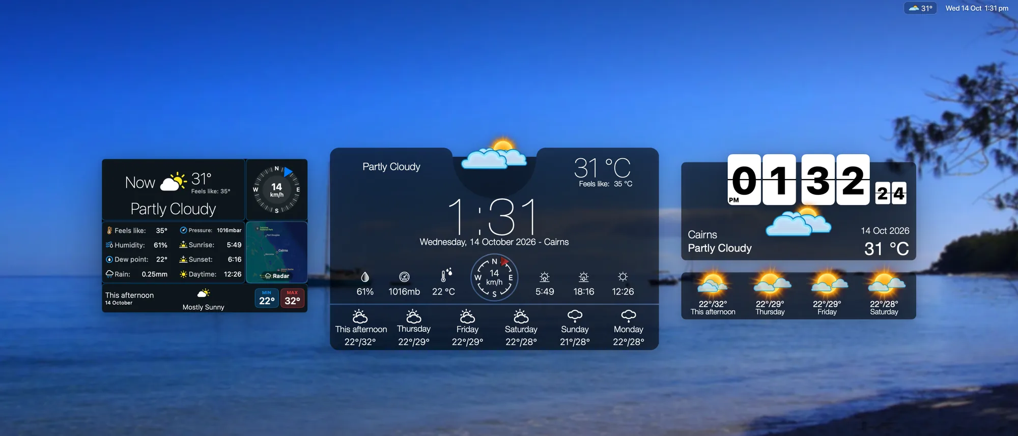 Three weather widgets on a Mac desktop over a beach at dusk, with the temperature in the menu bar