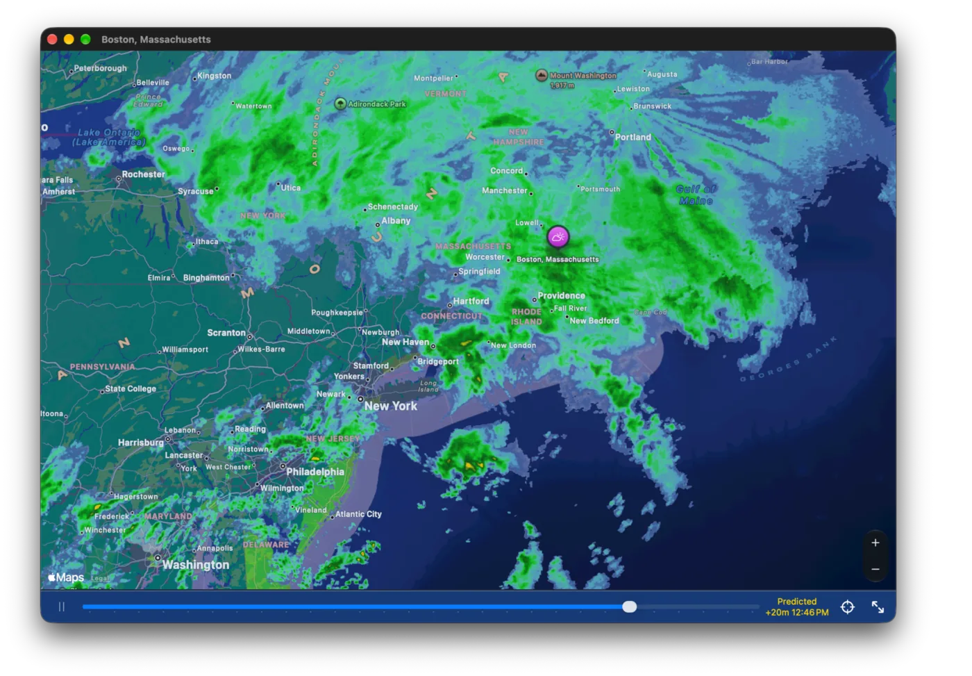 The radar window showing rain over New England