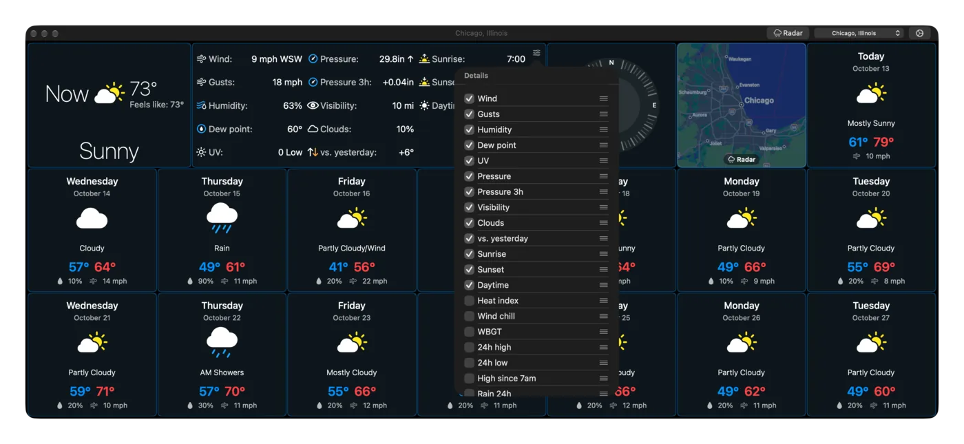 The weather window with its Customize menu open